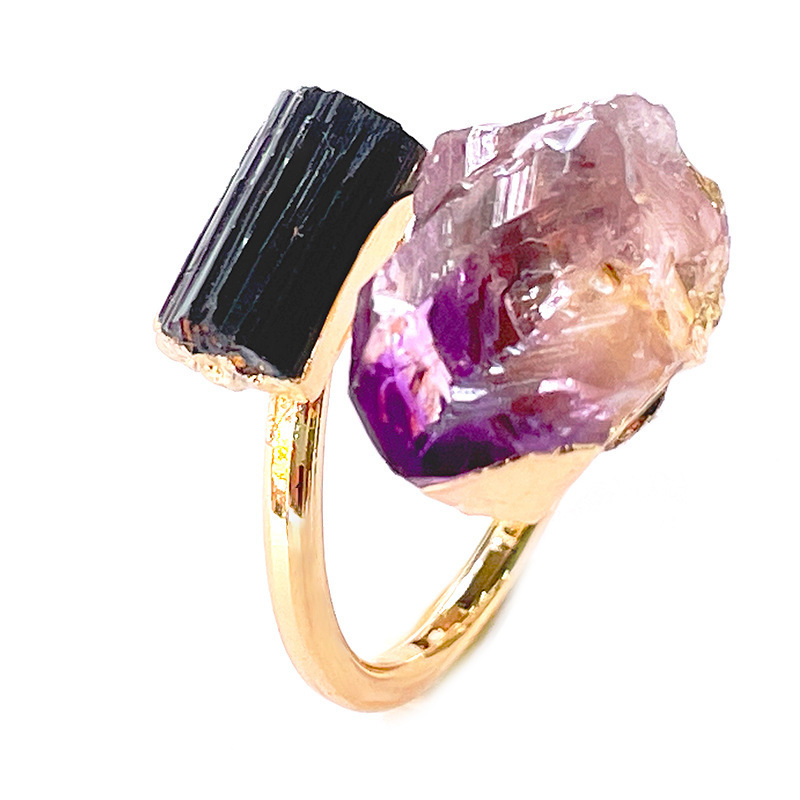 Crystal Rough Inlay Gold Plated Adjustable Amethyst Real Stone Rings Natural Amethyst Black Tourmaline Rings