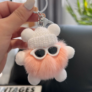 Wholesale Custom 8cm Cartoon Plush Doll Car Key Bag Pendant Key Rings Cool Sunglass Multi-Coal Ball Plush Keychain Puff Ball