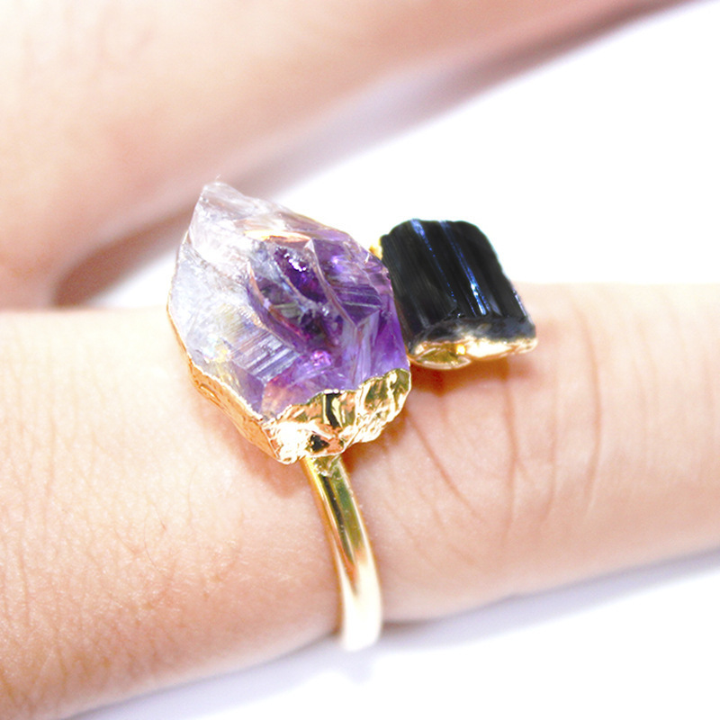 Crystal Rough Inlay Gold Plated Adjustable Amethyst Real Stone Rings Natural Amethyst Black Tourmaline Rings