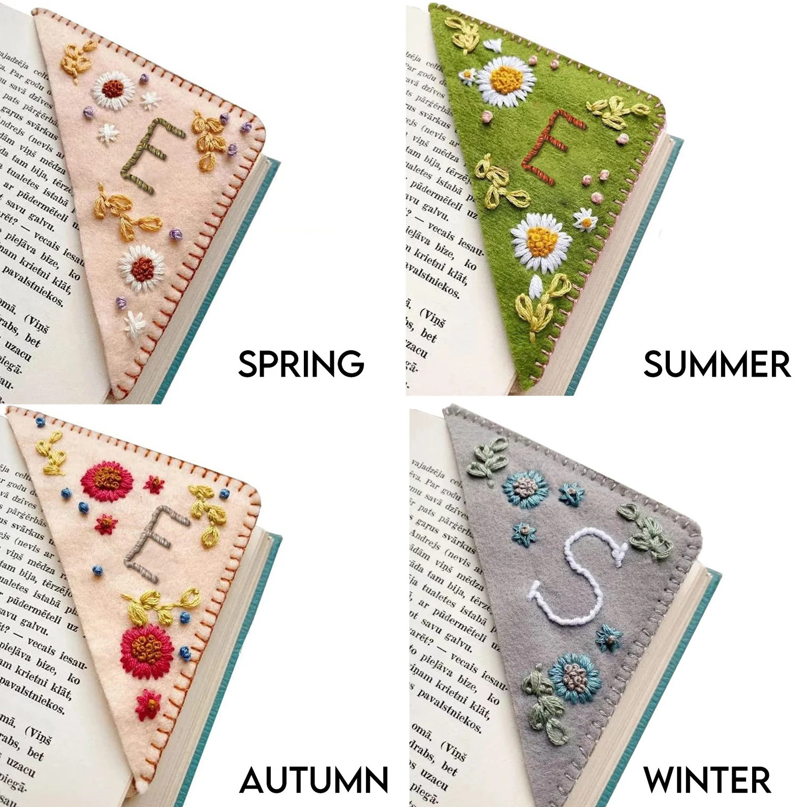 Custom Personalized A-Z 26 Letters Alphabet Hand Embroidery Embroidered Flower Felt Square Corner Bookmark Decoration Gift