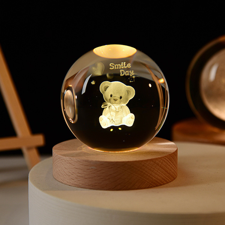 Creative Crystal Ball Night Light Solid Wood Base Luminous 3D Inside carving Crystal Led Light Small Ornament