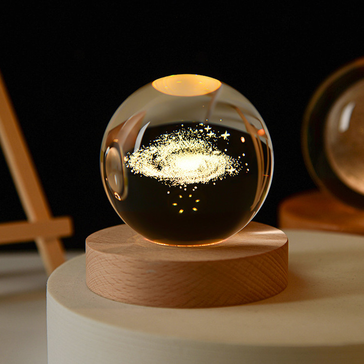 Creative Crystal Ball Night Light Solid Wood Base Luminous 3D Inside carving Crystal Led Light Small Ornament