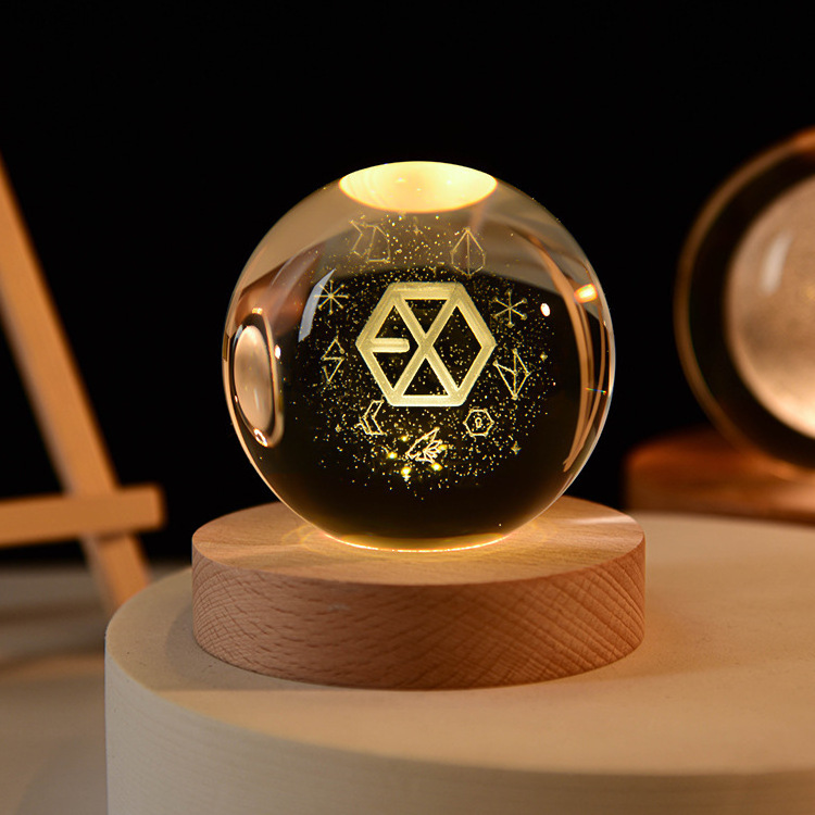 Creative Crystal Ball Night Light Solid Wood Base Luminous 3D Inside carving Crystal Led Light Small Ornament