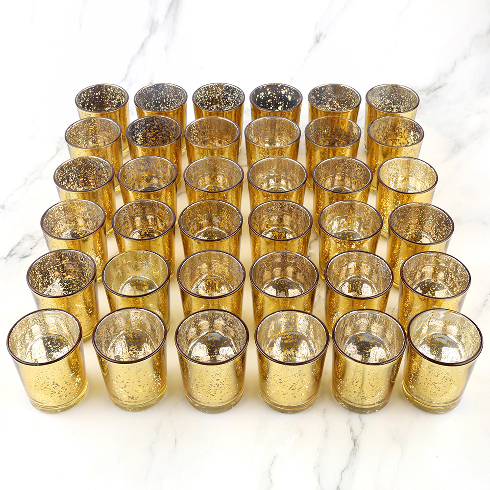 Gold Votive Candle Holders Set of 36 - Speckled Mercury Gold Glass Candle Holder Bulk - Ideal Candle Jars for Wedding