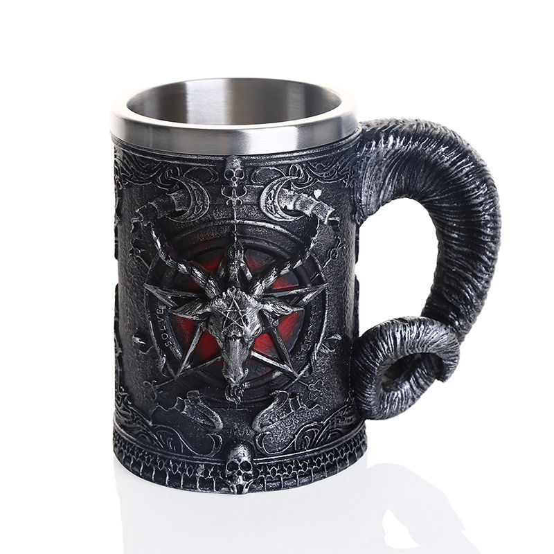 New double-layer resin stainless steel claw handle mug and goblet 3D sheep head water cup