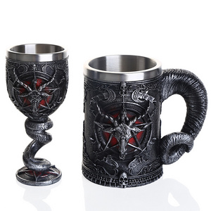 New double-layer resin stainless steel claw handle mug and goblet 3D sheep head water cup