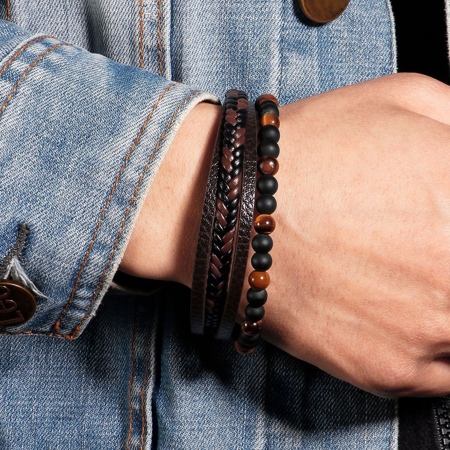 Luxury Punk Tiger Eye Natural Stone Bead Lava Men'S Multilayer Weave Magnetic Clasp Men Jewelry Black Genuine Leather Bracelet