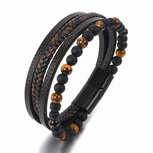 Luxury Punk Tiger Eye Natural Stone Bead Lava Men'S Multilayer Weave Magnetic Clasp Men Jewelry Black Genuine Leather Bracelet