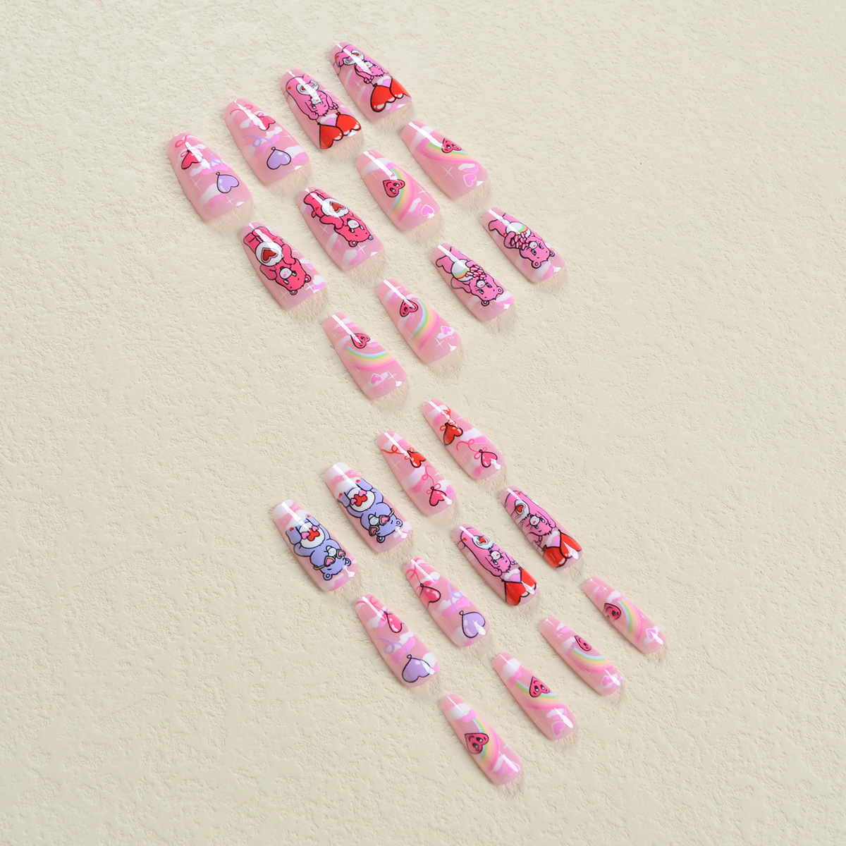 Pink Heart Cute False Nails Pictures Cartoon Bear Rainbow Fake Nails Set Designer ABS Press On Nails