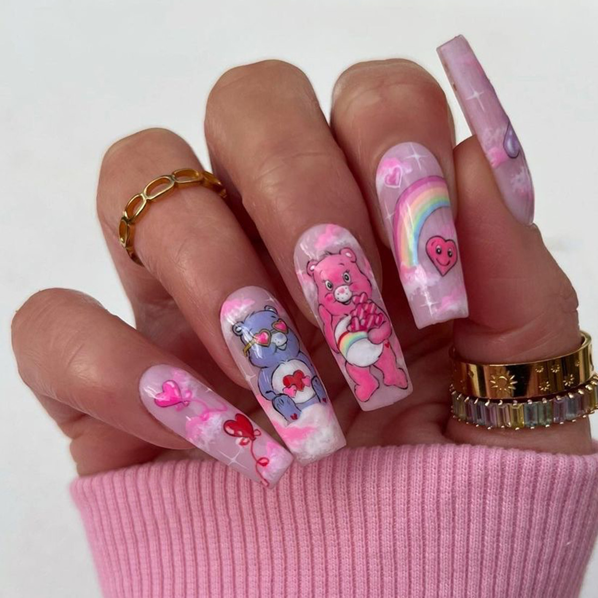 Pink Heart Cute False Nails Pictures Cartoon Bear Rainbow Fake Nails Set Designer ABS Press On Nails