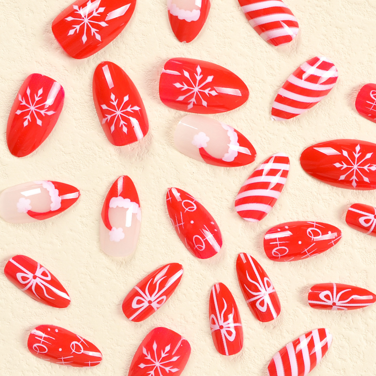 New Arrival Simple Christmas White Snowflake Bow Womens Fake Nails Press On Nails Red Artificial Design Nail Art