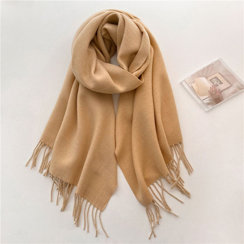 In stock pure color scarf cashmere feeling blanket scarves double-sided warm tassel thick winter shawl for ladies pashmina