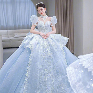 2023  Light Blue white Wedding Dress Princess French Brides Court wedding gown Luxury Ball Gowns With Long Trail