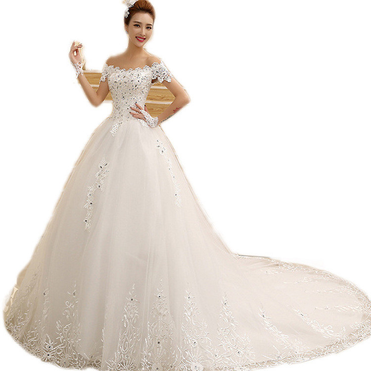 Hot sales pure white ivory flat shoulder wedding dresses applique sequined sweep bridal ball gown with tail