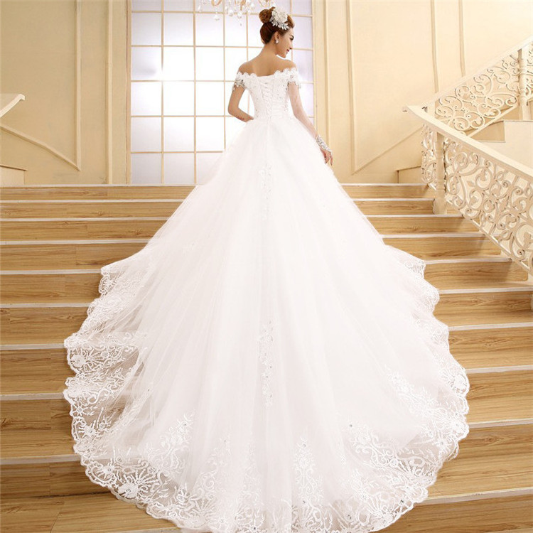 Hot sales pure white ivory flat shoulder wedding dresses applique sequined sweep bridal ball gown with tail