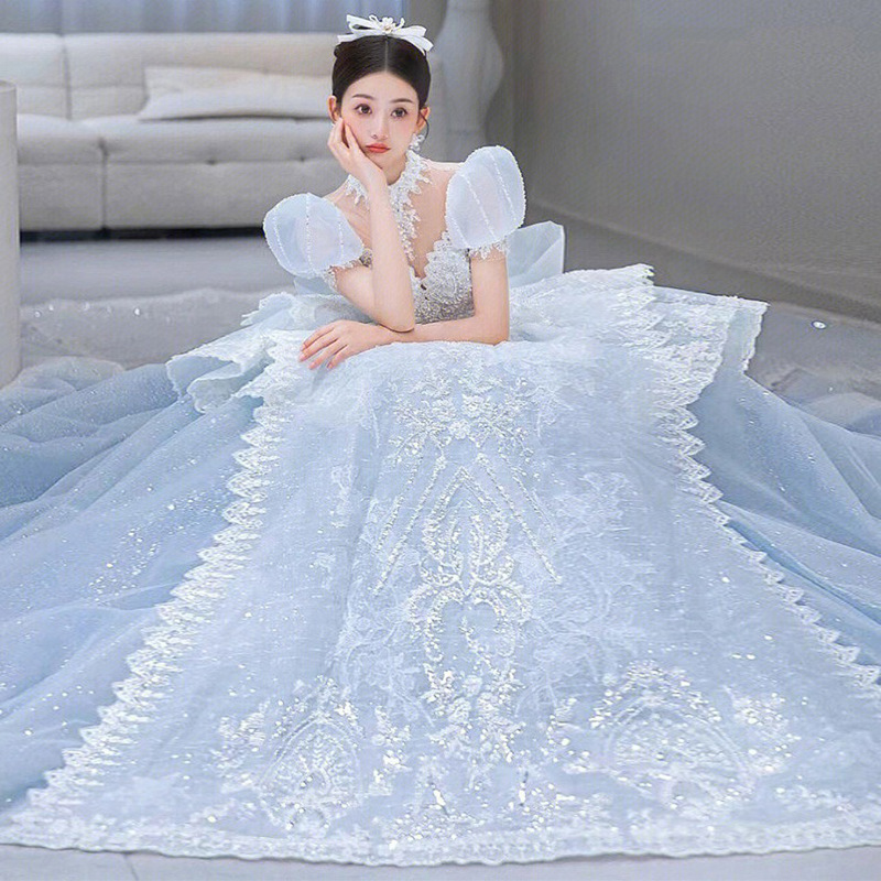 2023  Light Blue white Wedding Dress Princess French Brides Court wedding gown Luxury Ball Gowns With Long Trail