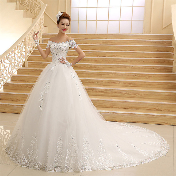 Hot sales pure white ivory flat shoulder wedding dresses applique sequined sweep bridal ball gown with tail