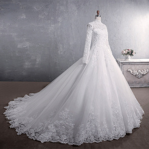 Muslim bridal wedding gowns lace long sleeve high neck long train wedding dresses bridal gowns