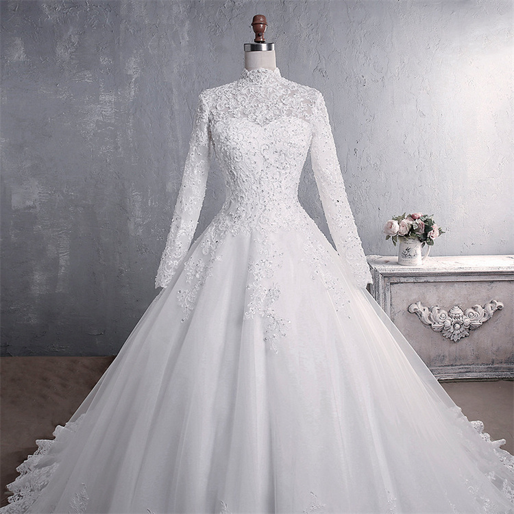 Muslim bridal wedding gowns lace long sleeve high neck long train wedding dresses bridal gowns