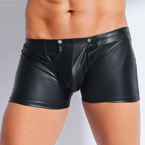 2021 Men's Wet Look Faux Leather Briefs low-waist Bugle Pouch Shorts zipper up Knickers Sexy Underwear