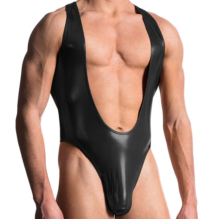 Sexy Men PVC Underwear Low Rise Thongs Sleeveless play suits Erotic Leather Lingerie Gay Clothing Jumpsuits