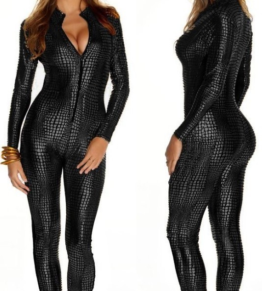 New Sexy Rave Outfit Women Black Wet Look Jumpsuit  zipper up romper leather Body stocking ladies Sexy Vinyl Catsuit Jumpsuit