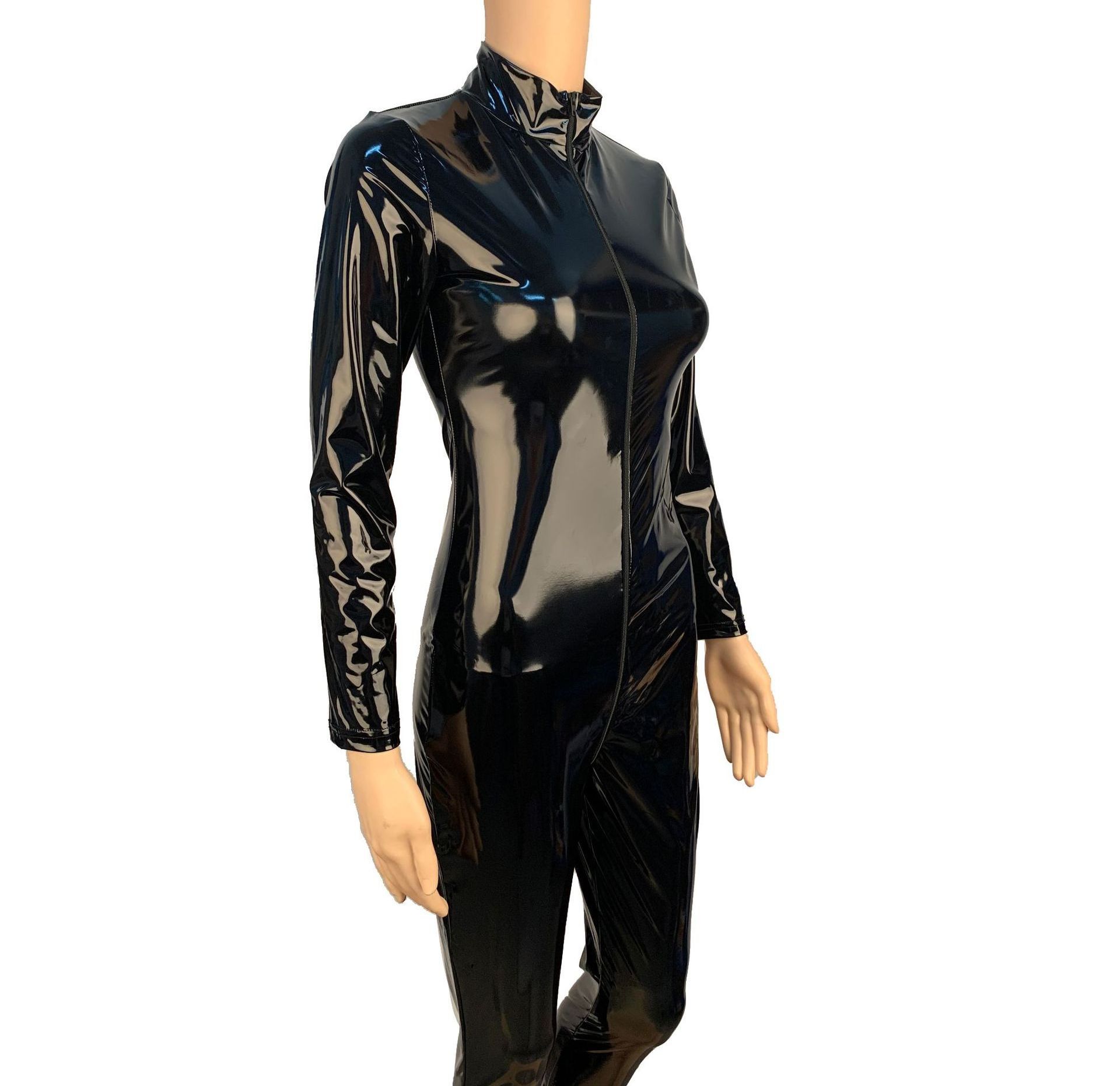 Sexy Shiny Leather Catsuit Zipper Open Crotch Jumpsuits Latex PVC Fetish  Bodysuit Costume