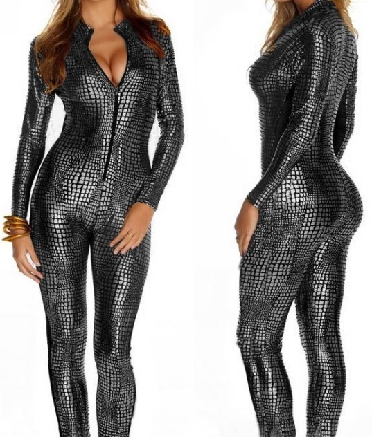 New Sexy Rave Outfit Women Black Wet Look Jumpsuit  zipper up romper leather Body stocking ladies Sexy Vinyl Catsuit Jumpsuit