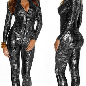 New Sexy Rave Outfit Women Black Wet Look Jumpsuit  zipper up romper leather Body stocking ladies Sexy Vinyl Catsuit Jumpsuit