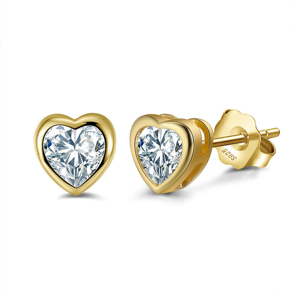 Fashion Stud Earrings 925 Silver Womens Earrings Gold Plated Heart Shape Cubic Zirconia Ear Jewelry