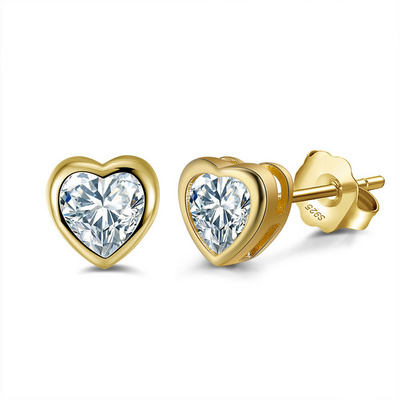 Fashion Stud Earrings 925 Silver Womens Earrings Gold Plated Heart Shape Cubic Zirconia Ear Jewelry