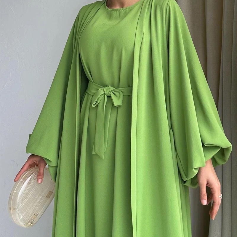 Latest Design Dubai Two Pieces Set Modest Abaya Kaftan Casual Dress Muslim Women Long Sleeve Jazz Crepe Open Abaya Set