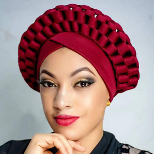 Wholesale  Factory Stock Fashion Wedding Headwear Plain Handmade Auto Gele Ladies Nigerian African Turban Head Wraps