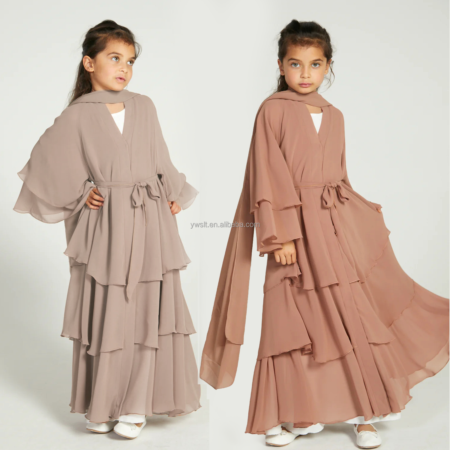 Latest Wholesale EID Turkey Dubai Elegant Kimono for Women Muslim Dresses Hijab Kid Girl Children's Chiffon 3 Layered Open Abaya