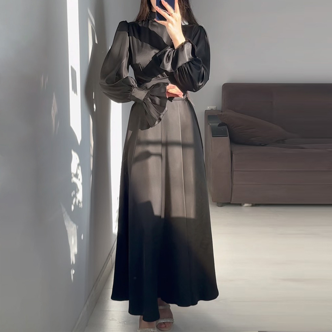 2024 Wholesale Ramadan Turkish Green Abaya Muslim Dress Women Kaftan Dubai Islamic Clothing Modest Evening Dress Satin Abaya