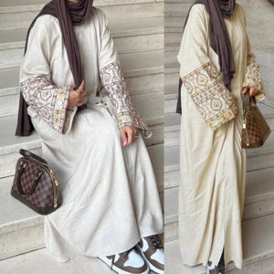 Latest Wholesale Turkey EID Modest Dubai Abaya for Girl Muslim Women Dress Luxury Embroidery Sleeves Kimono Open Linen Abaya