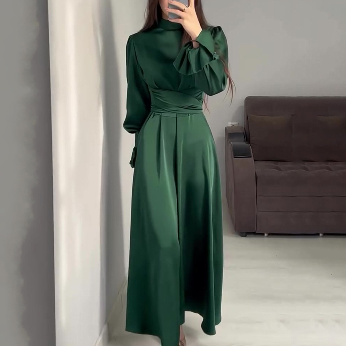 2024 Wholesale Ramadan Turkish Green Abaya Muslim Dress Women Kaftan Dubai Islamic Clothing Modest Evening Dress Satin Abaya