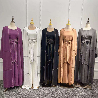 Wholesale Islamic Clothing 3 Pieces Set Qatar Abaya Designs Solid Color with Edge for Women Muslim Dress Dubai Open Abaya