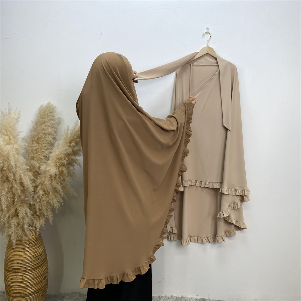 2024 Wholesale EID Ramadan Overhead Tie Back Plain Prayer Scarf Muslim Women Hijab Nida Ruffles Hem Long Niqab Jilbab Khimar