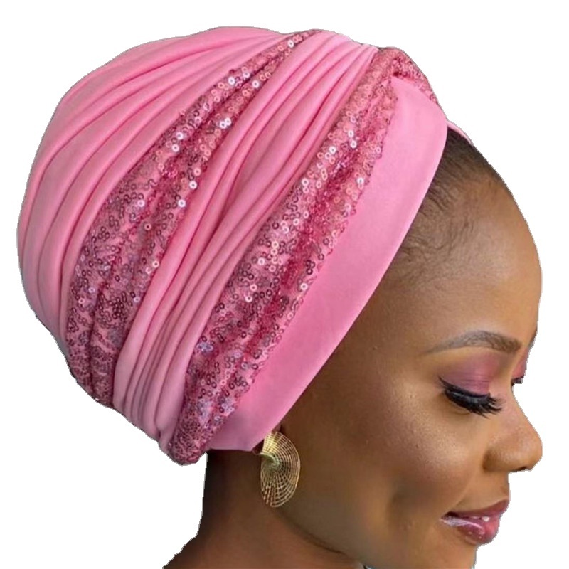 Wholesale 2022 New Designer Women African Cap Bonnet Hijab Fashion Glitter Rhinestone Stretch Women's Gele Turban Hat