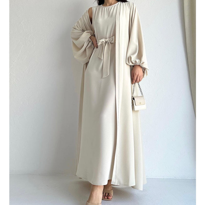 Latest Design Dubai Two Pieces Set Modest Abaya Kaftan Casual Dress Muslim Women Long Sleeve Jazz Crepe Open Abaya Set