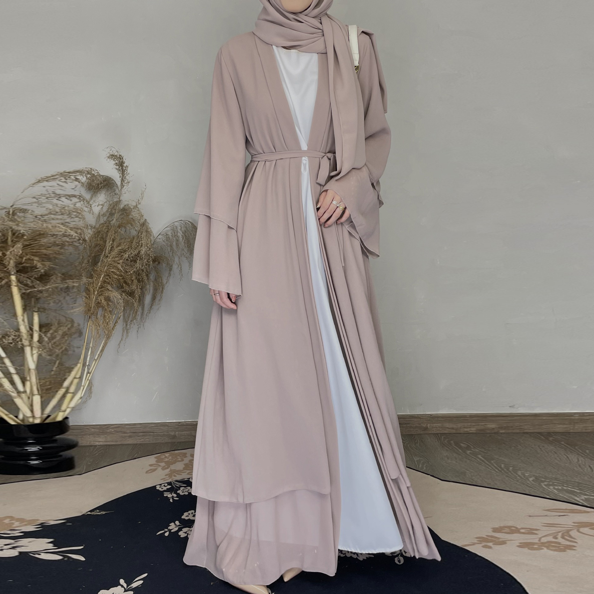 Wholesale Turkey Elegant EID Women Muslim Dress Two Layer Chiffon Modest Muslim Dress Matching Hjiab Kimono Open Dubai Abaya Set