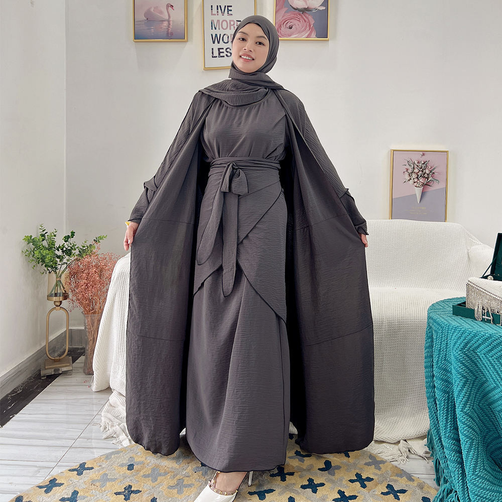 Wholesale Islamic Clothing 3 Pieces Set Qatar Abaya Designs Solid Color with Edge for Women Muslim Dress Dubai Open Abaya