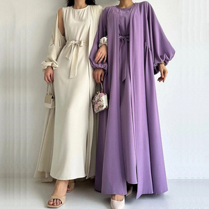 Latest Design Dubai Two Pieces Set Modest Abaya Kaftan Casual Dress Muslim Women Long Sleeve Jazz Crepe Open Abaya Set