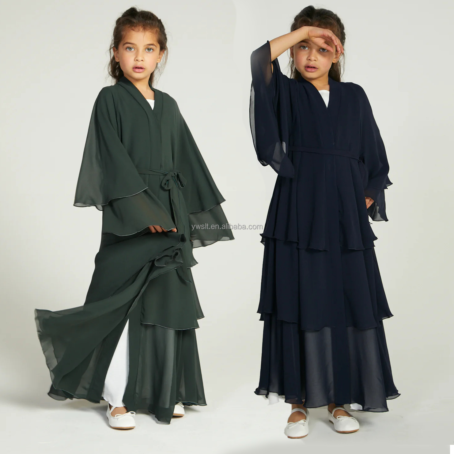 Latest Wholesale EID Turkey Dubai Elegant Kimono for Women Muslim Dresses Hijab Kid Girl Children's Chiffon 3 Layered Open Abaya