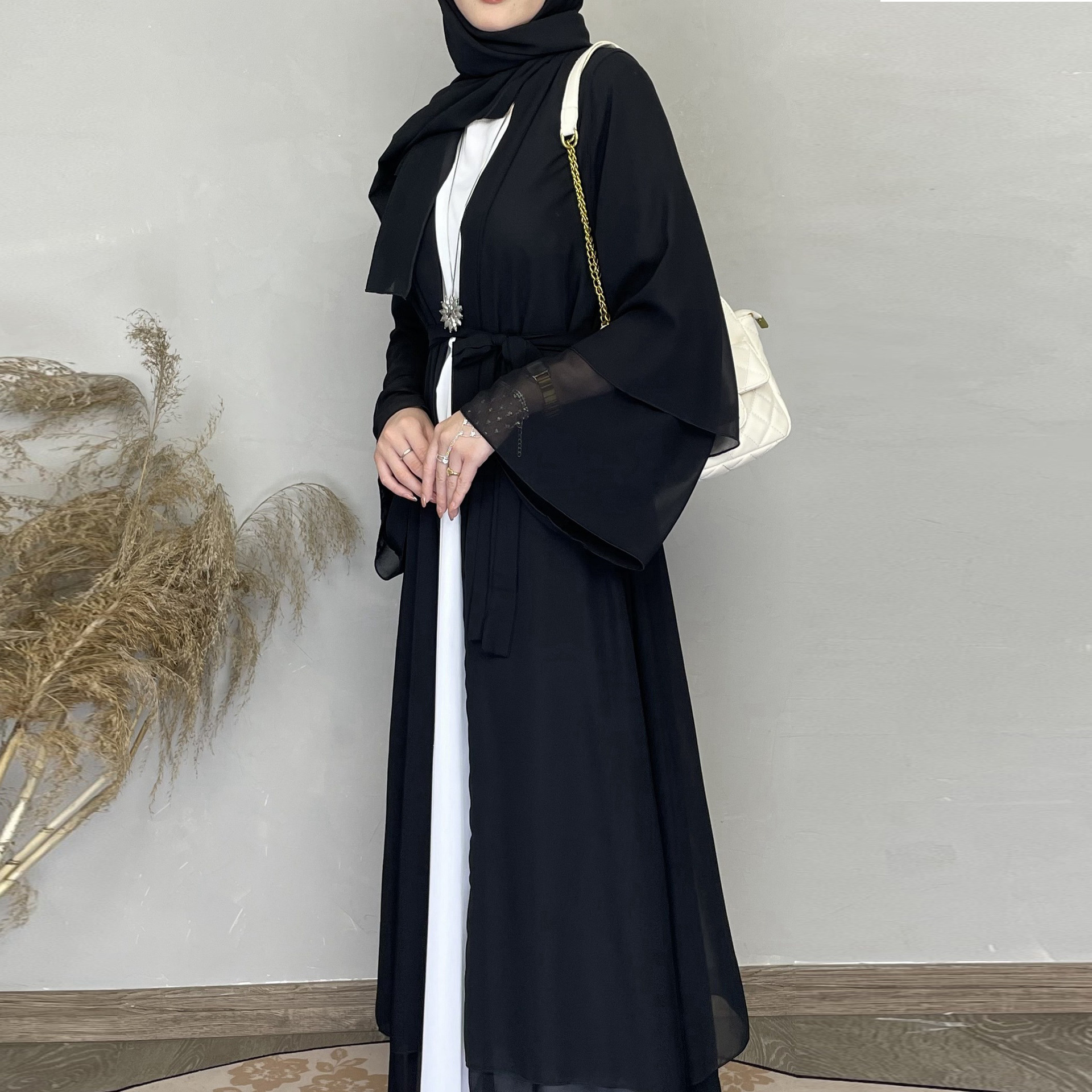 Wholesale Turkey Elegant EID Women Muslim Dress Two Layer Chiffon Modest Muslim Dress Matching Hjiab Kimono Open Dubai Abaya Set