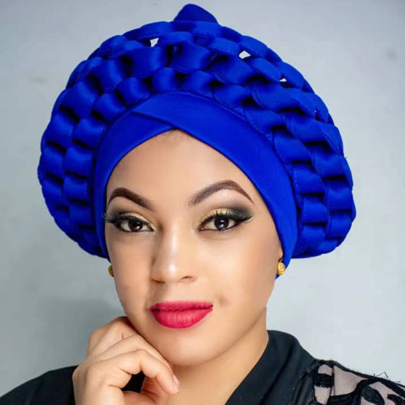 Wholesale  Factory Stock Fashion Wedding Headwear Plain Handmade Auto Gele Ladies Nigerian African Turban Head Wraps