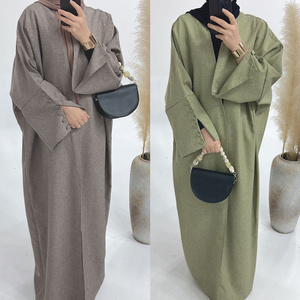 2024 Wholesale Islamic Turkey EID Ramadan Modest Dubai Abaya Buttons Girl Plain Women Muslim Dress Linen Open Kimono Abaya