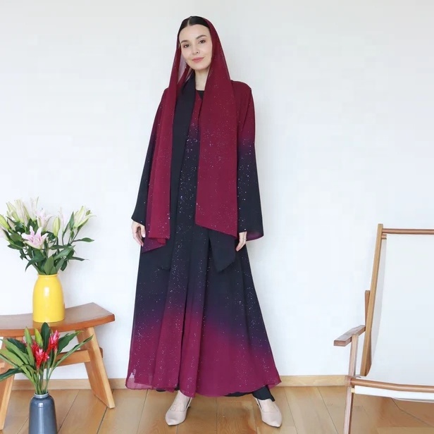 Latest Design Modest Luxury Dubai Abaya Turkish Women Muslim Dress Glitter Chiffon Kimono Matching Hijab Set Najma Ombre Abaya