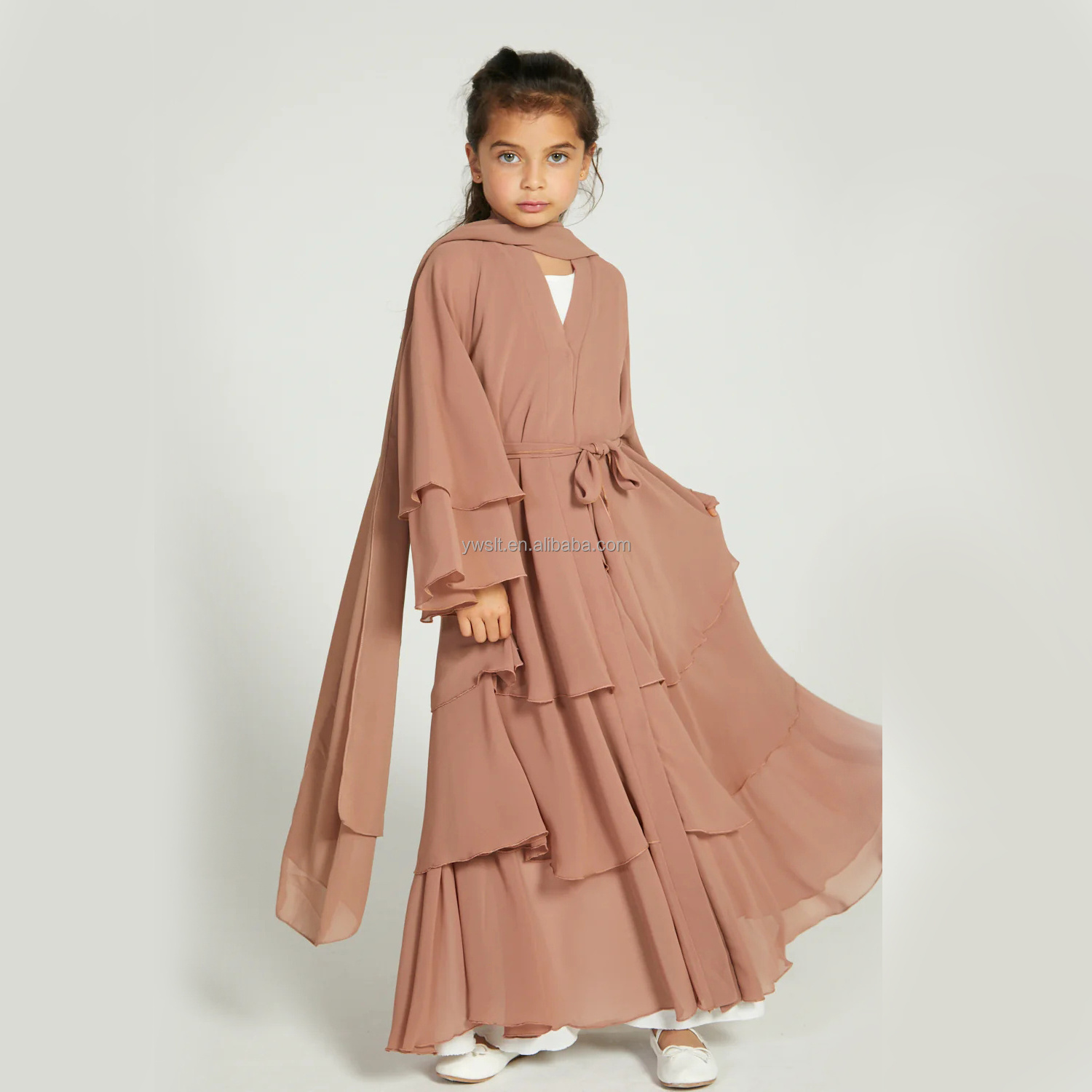 Latest Wholesale EID Turkey Dubai Elegant Kimono for Women Muslim Dresses Hijab Kid Girl Children's Chiffon 3 Layered Open Abaya